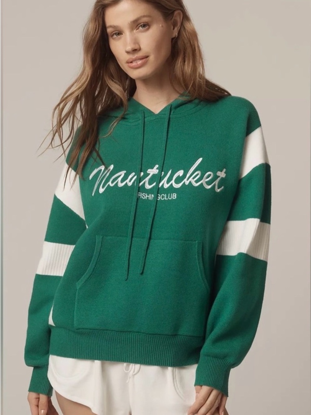 Anthropologie Green Hooded Nautucket Script Pullover with White Stripe Sleeves